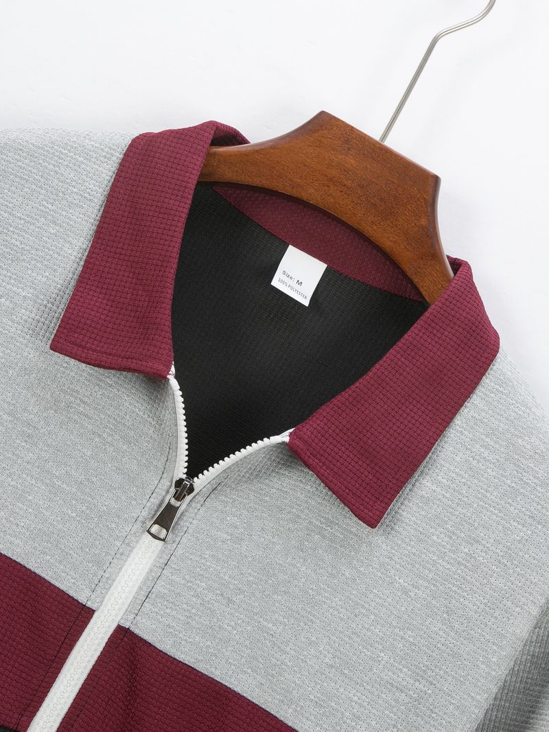 Herren-Waffelstrickjacke mit Reißverschluss – Freizeitmantel aus Polyester im Colorblock-Design (atmungsaktiv, knitterfrei, Design mit mehreren Taschen für den Stadtverkehr)_voghion.com