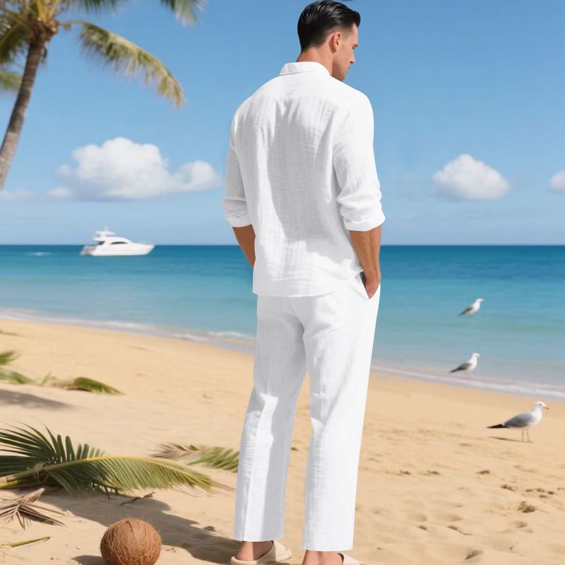 Set di pantaloni da spiaggia con risvolto semplice, camicia a maniche lunghe, tinta unita, stile europeo e americano, da uomo, stile autunnale, ampio e alla moda_voghion.com