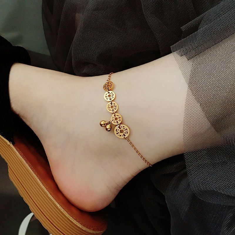 Bell Five Emperor Women's Brass Gold-plated Simple Fashion Antique Net Red Coin Anklet_voghion.com