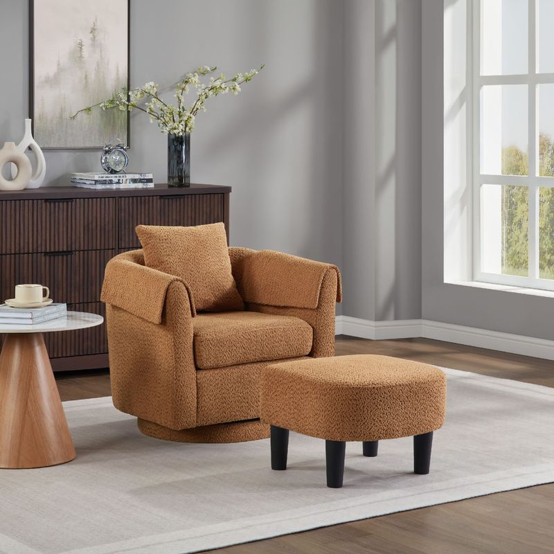 Swivel Accent Chair With Ottoman Set, Modern Chenille Barrel Armchair With Removable Back Pillow & 2 Armrest Covers For Living Room, Bedroom, Office, Yellow_voghion.com