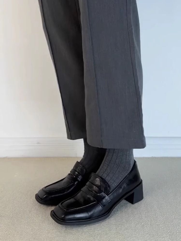 Mocassini Lancui Commuter 2025 Primavera con punta quadrata e tacco spesso, da donna, neri, senza lacci, con tacco medio_voghion.com