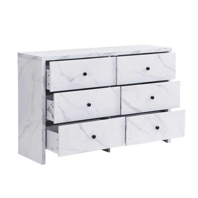 Credenza 120 cm Mit Marmor-Optik, 6 Schubladen, Schwarzem Holzgriff_voghion.com