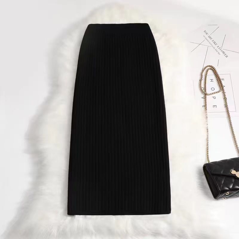 Gonna a tubino in maglia a vita alta da donna - Lunghezza media, vestibilità slim, colore puro, elegante, da ufficio (disponibile in crema, nero, grigio, caffè)_voghion.com