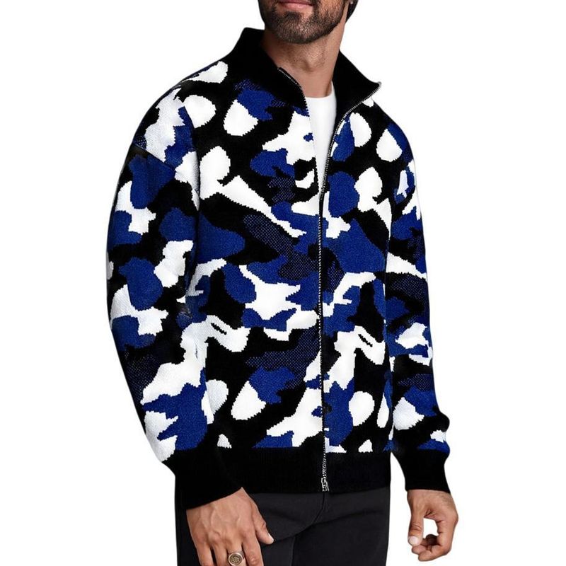 Men's Clothing Camouflage Knit Cardigan - Long Sleeve Casual Open Front Sweater With Stand Collar, Loose Fit, Warm & Breathable For Autumn & Winter_voghion.com