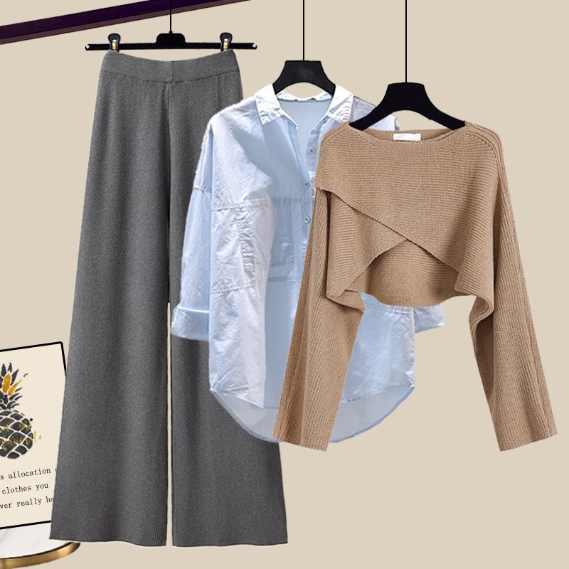 Women’s Clothing Fashion autumn suit women sweater women new large size women's shirt wide leg pants three piece knitted slim_voghion.com