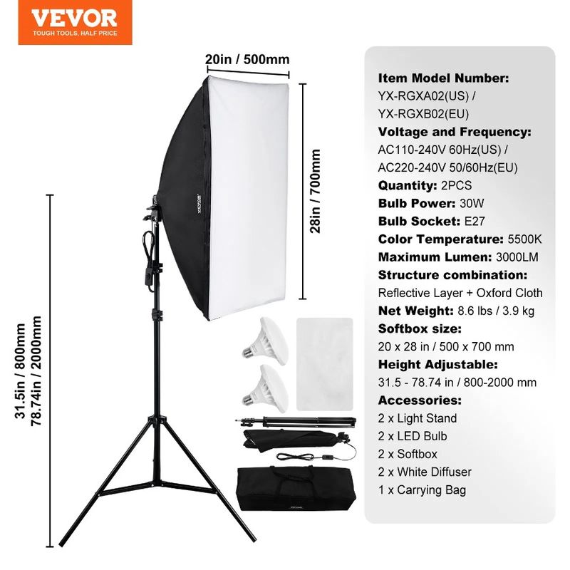 In Softbox Kit Lighting 28 LED Adjustable 5500K X Bulbs 30W In 20 Stand_voghion.com