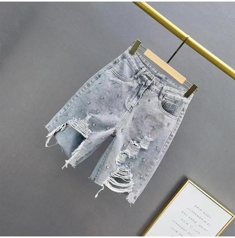 Dameskleding gescheurde denim jeans hoge taille slanke zware losse slanke vijfpunts jeans_voghion.com
