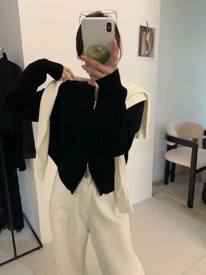 Women's Oversized Zip-Up Knit Cardigan With Dual Zippers - Soft Long Sleeve Casual Sweater For Everyday Comfort_voghion.com