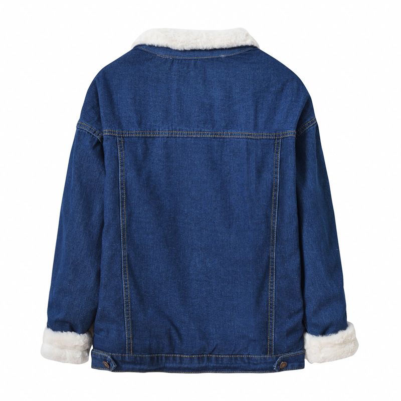 Giacca da donna in denim foderata in pile, calda e calda, con collo in pelliccia sintetica di coniglio, casual, blu, oversize, con spalle scese_voghion.com