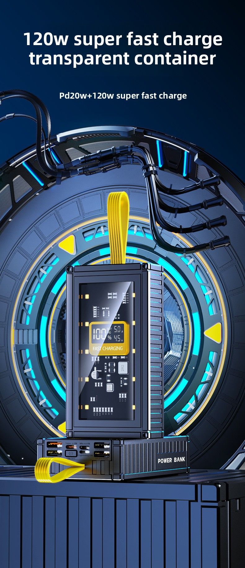 Batterie externe créative de grande capacité, 20 000 mAh, avec éclairage LED transparent, affichage numérique et fonction téléphone portable._voghion.com