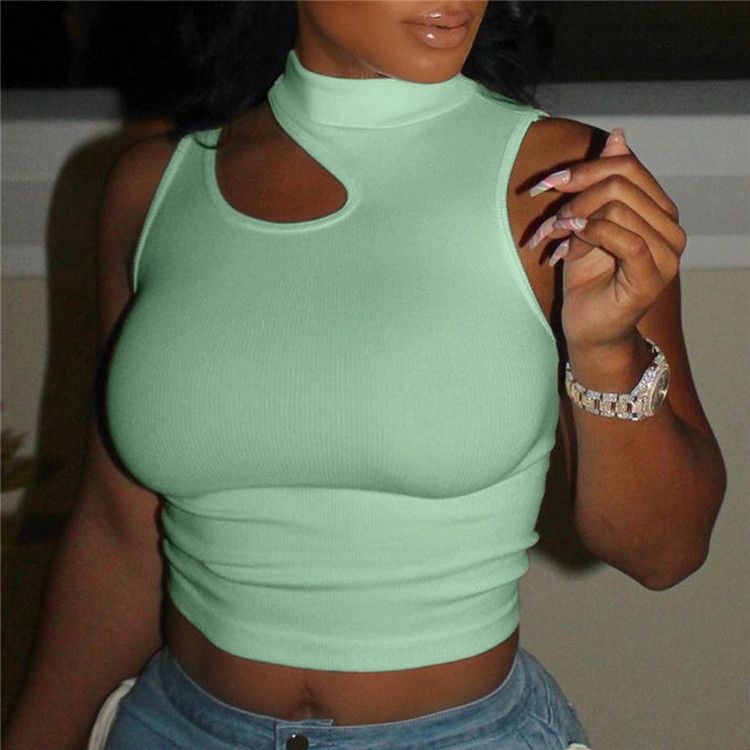 Women's Clothing Green Solid Color High Waist Stitching Pullover Navel Exposed Round Neck Slim Fit Small Short Vest_voghion.com