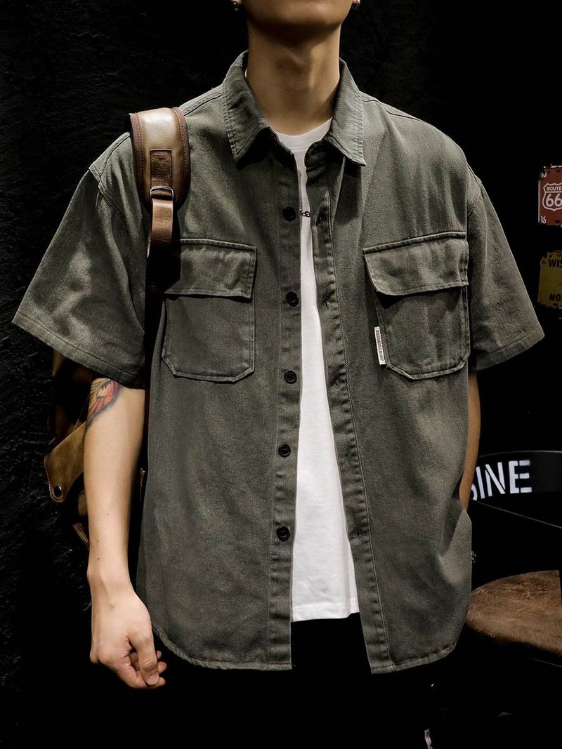 Abbigliamento da uomo taglie forti, camicia a maniche corte, giacca casual ampia con due tasche._voghion.com