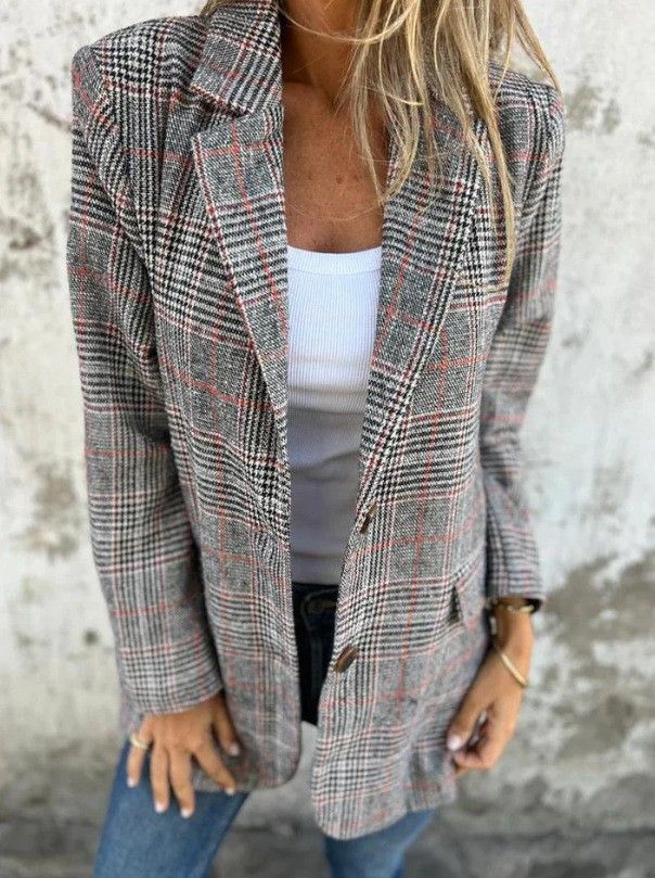 Elegant Houndstooth Blazer Coat For Women - Vintage-Inspired Long Sleeve Open Front Cardigan With Notched Collar, Loose Fit, Pockets_voghion.com