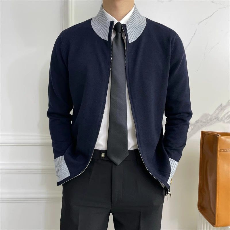 Men's Slim Fit Stand Collar Zip-Up Knit Sweater – Color Block Pullover With Dual Zippers & Badge Detail_voghion.com