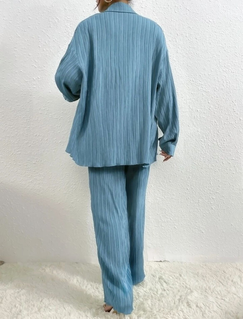 Ensemble deux pièces décontracté pour femmes européennes et américaines, couleur unie, drapé, ample, lisse, plissé, printemps et automne_voghion.com