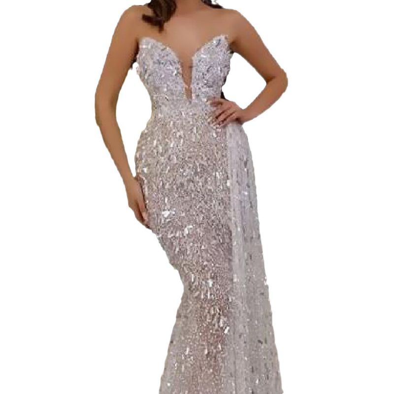 Glitzernde Perlen trägerlose Meerjungfrau Abendkleider bodenlanges Ballkleid afrikanische Roben de Soire formelle Partykleider_voghion.com