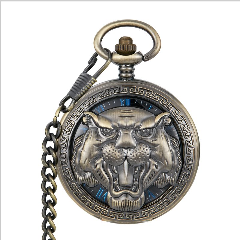 Animal Head Flip Roman Numerals Manual Mechanical Men's Large Pocket Watch_voghion.com
