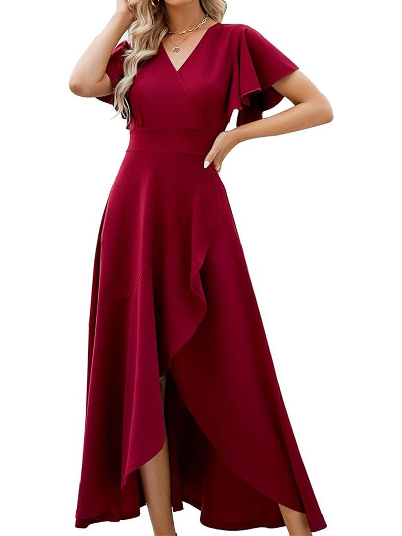 2025 Damen Rüschenärmel V-Ausschnitt Elegantes Abendkleid Frühling Sommer Polyester_voghion.com