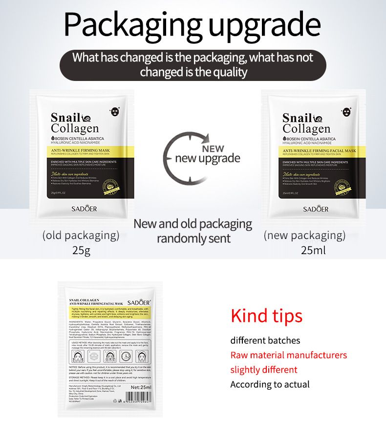 SADOER Snail Collagen Anti-Wrinkle Firming Mask 25g * 1 Piece, Fine Skin Mask_voghion.com