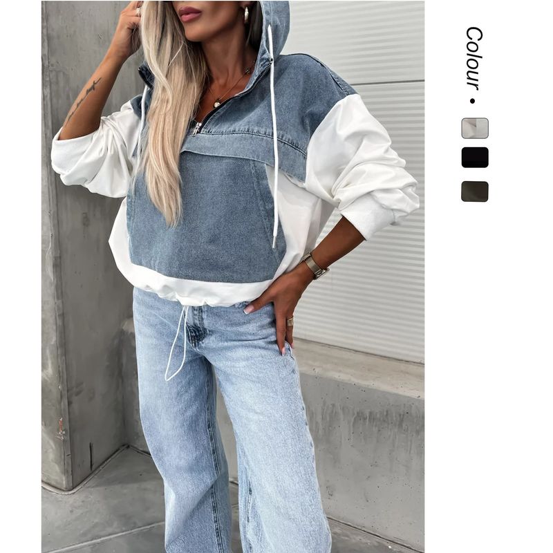Felpa con cappuccio da donna in denim lavato, casual, alla moda, 25° anno, patchwork, 805_voghion.com