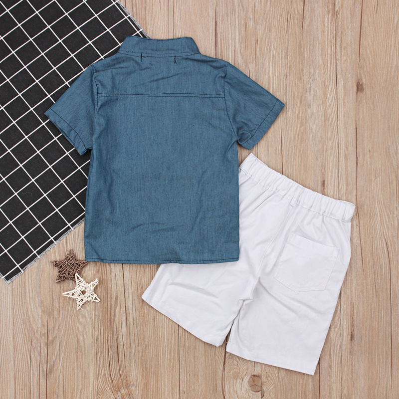 Chemise d'été bleue à manches courtes pour garçons, mère et enfant, haut + short blanc, tendance, deux ensembles d'ins_voghion.com