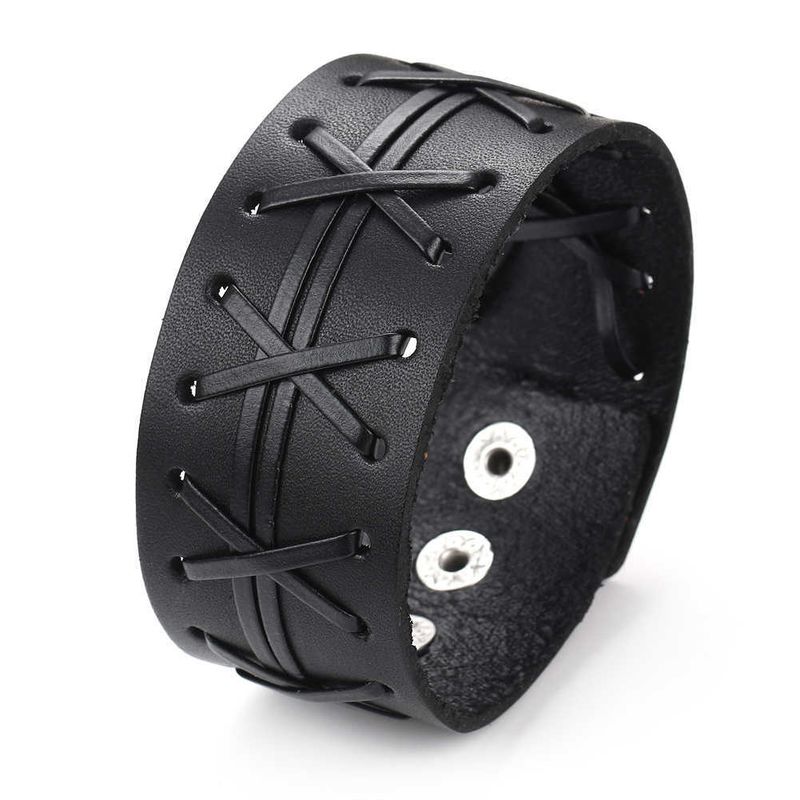 Bracciale in pelle intrecciata con motivo punk con borchie, largo, da uomo, esagerato e alla moda_voghion.com