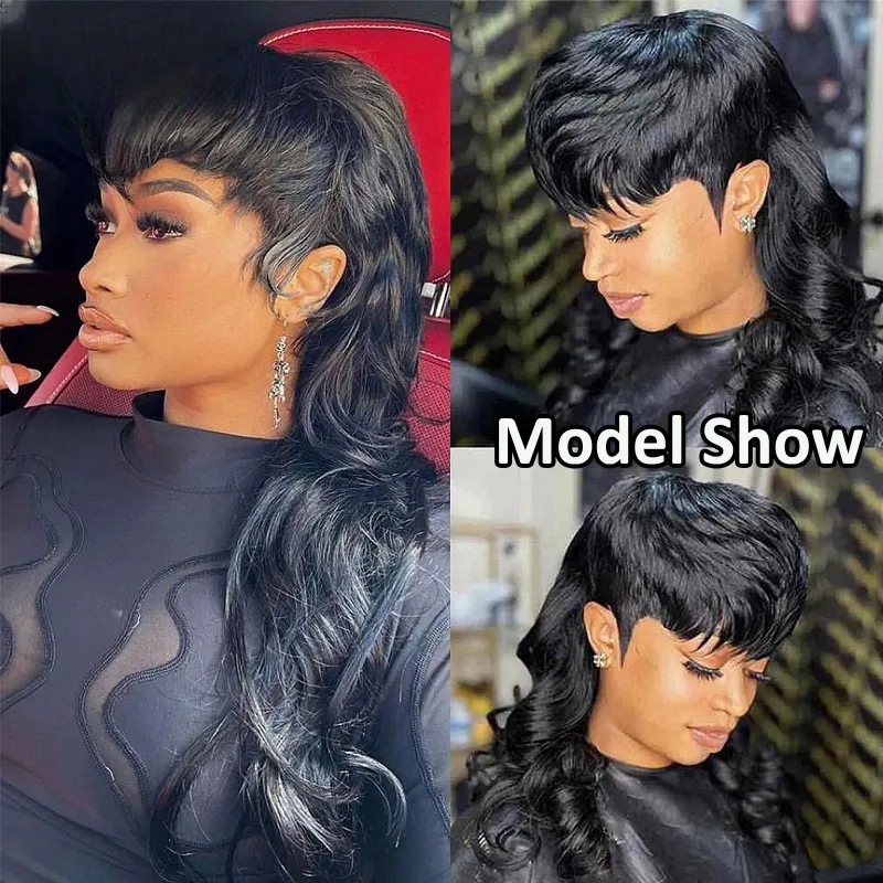 Kuyruklu Kısa Peri Kesimi Dalgalı İnsan Saçı Peruk Mulletcut Yapıştırıcısız Tam Makine Yapımı Perçem Perulu Remy Saç_voghion.com