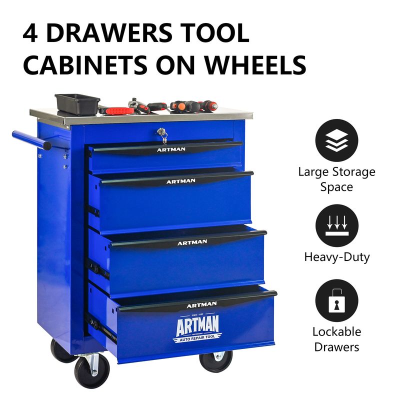 4 Drawers Multifunctional Tool Cart With Wheels,Metal Rolling Tool Cart Storage For Garage Workshop Warehouse Repair Shop--With Stainless Steel Roof- BLACK&BLUE_voghion.com