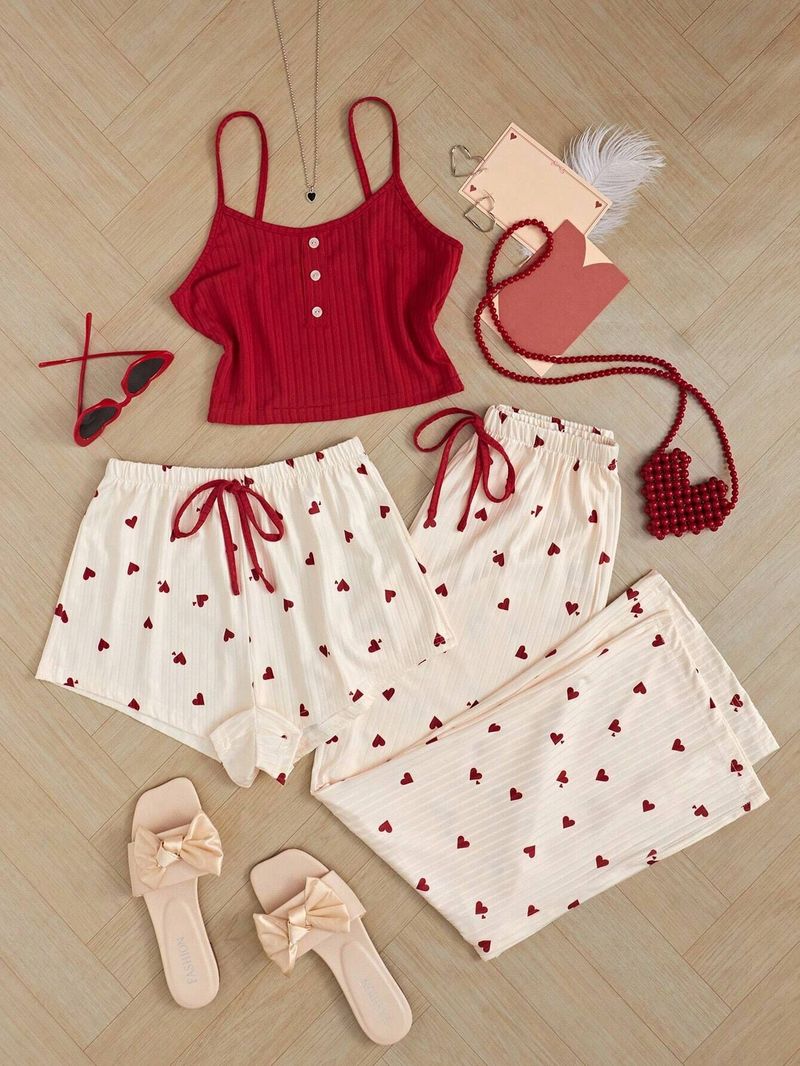 Women's Clothing Three Piece Home Clothes Striped Heart Printing Casual Vest Pajamas Suspenders And Short Pants Suit_voghion.com