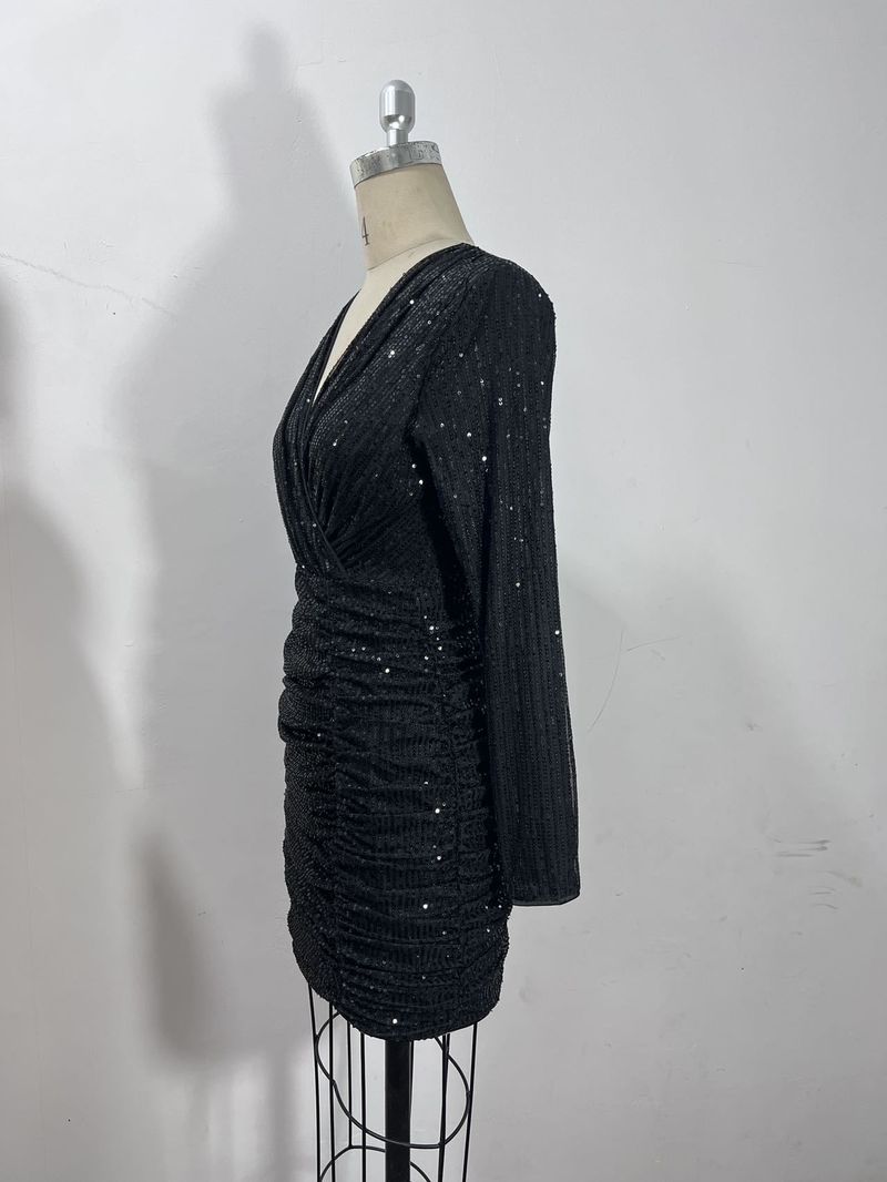 Sexy V-Neck Bodycon Mini Dress With Glitter Sequins For Women, Elegant Party Cocktail Dress, Sleeveless Formal Evening Gown_voghion.com