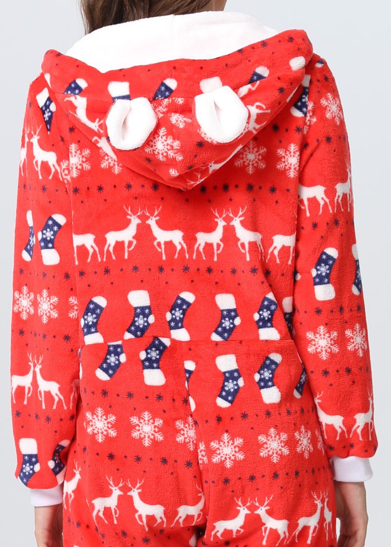 women's Christmas deer snowflake flannel hooded jumpsuit pajamas home clothes_voghion.com