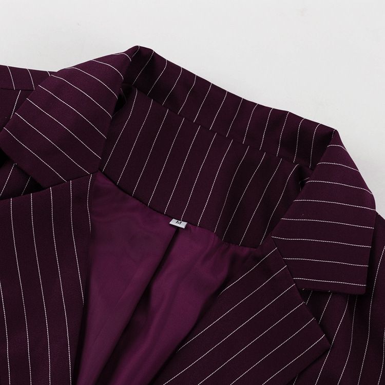 Giacca da abito a righe da donna, elegante blazer a righe con maniche a campana in pizzo – Giacca casual ampia per primavera/autunno in rosso vino_voghion.com