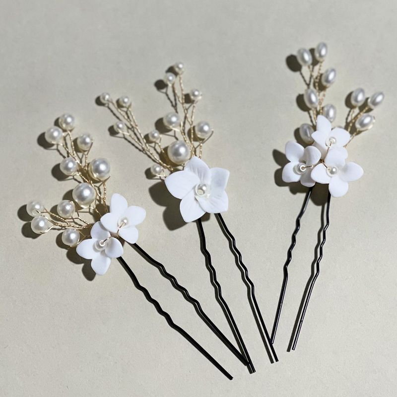 Copricapo da sposa, set di 3 forcine per capelli a forma di U con fiori bianchi in ceramica, vendita diretta in fabbrica oltre confine_voghion.com