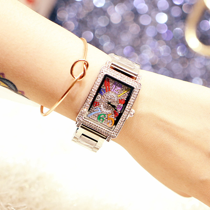 New Fashionable Steel Band Rectangular Diamond Set Digital Movement Women's Watch_voghion.com