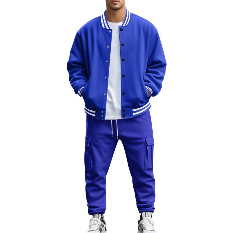 Autumn Winter American Style Stand Collar Baseball Jacket With Fleece Lined Pants Loose Fit Men's Sports Suit_voghion.com