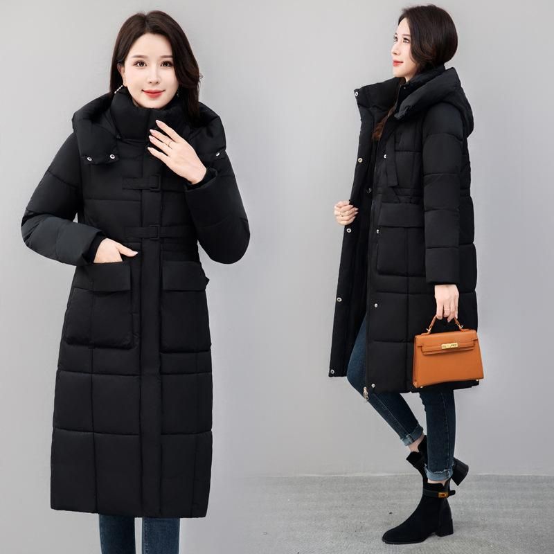 Daunen-Baumwollkleidung für Damen, mittellang und lang, über dem Knie, modisch, im ausländischen Stil, neue Winterjacke aus Baumwolle für Damen_voghion.com