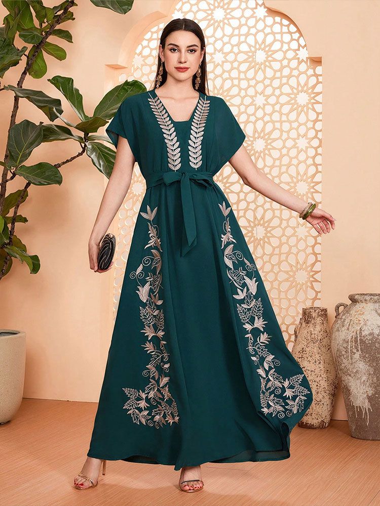 Robe Abaya musulmane style Dubaï – Robe longue brodée de fleurs avec col en V et taille haute, tissu froissé respirant pour femme_voghion.com