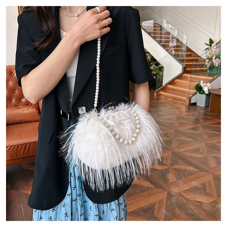 Borsa a tracolla con tracolla in stile fata, piccola borsa quadrata con catena di perle di peluche di grande capacità_voghion.com