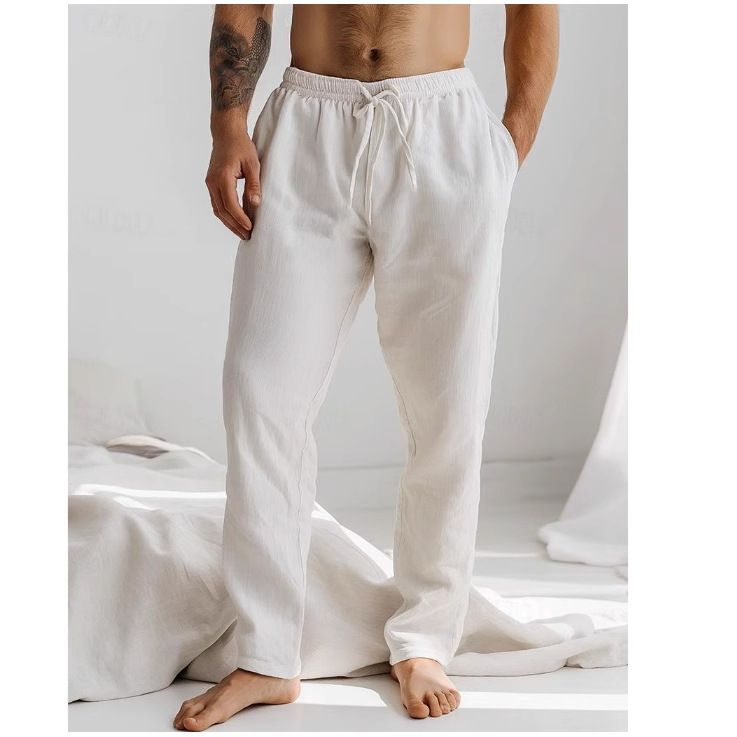 Autumn Winter Men Pants Pulling Elastic Waist Plaid Breathable Beach Fashion Simple Trousers_voghion.com