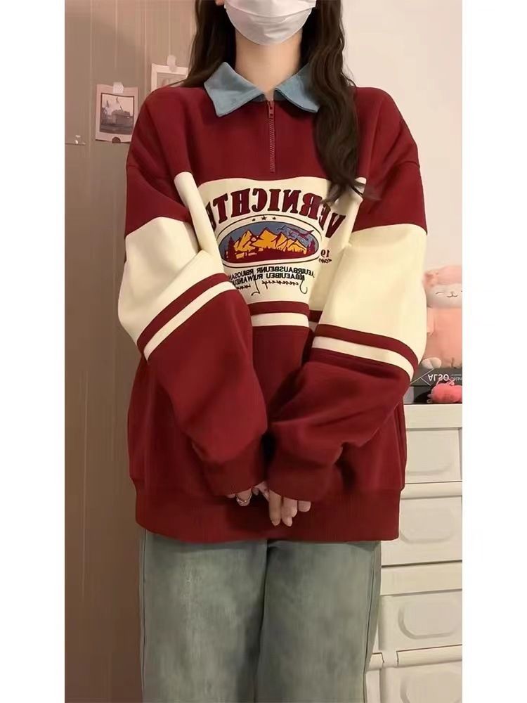 Felpa con cappuccio stile college con colletto polo color block per donna in primavera autunno, design ampio e casual, giacca da studente di nicchia_voghion.com