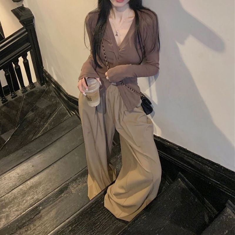 Completo da donna in due pezzi, casual, stile pigro, con scollo a V, top e pantaloni lunghi a gamba larga, strato di base, primavera e autunno_voghion.com