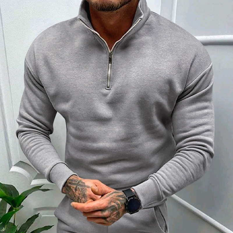 Men's casual plush solid color long sleeved half zippered standing collar fleece hoodie without a hat for autumn and_voghion.com