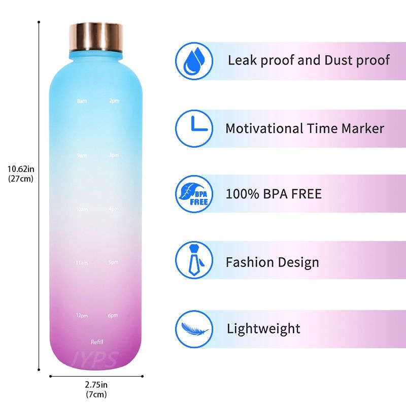 1L Large Capacity Water Bottle For Girls Frosted Water Cup Metal Lid Water Bottle With Time Marker Reusable Drinking Bottle_voghion.com