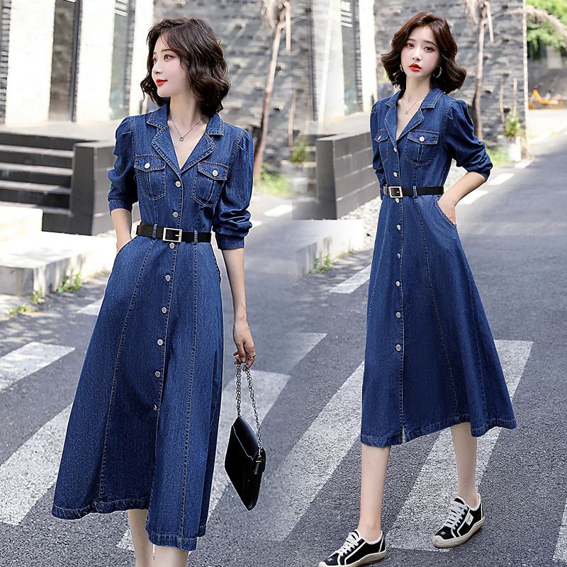 Abito in denim a maniche lunghe per donna in primavera e in estate, design sottile, stile francese, elegante, anti-età,_voghion.com