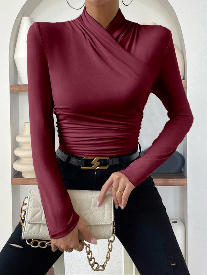 Evropský a americký přeshraniční svetr Podzimní a zimní nový design Sense Cross Colour s dlouhým rukávem Slim All Match Jednobarevné skládané tričko_voghion.com