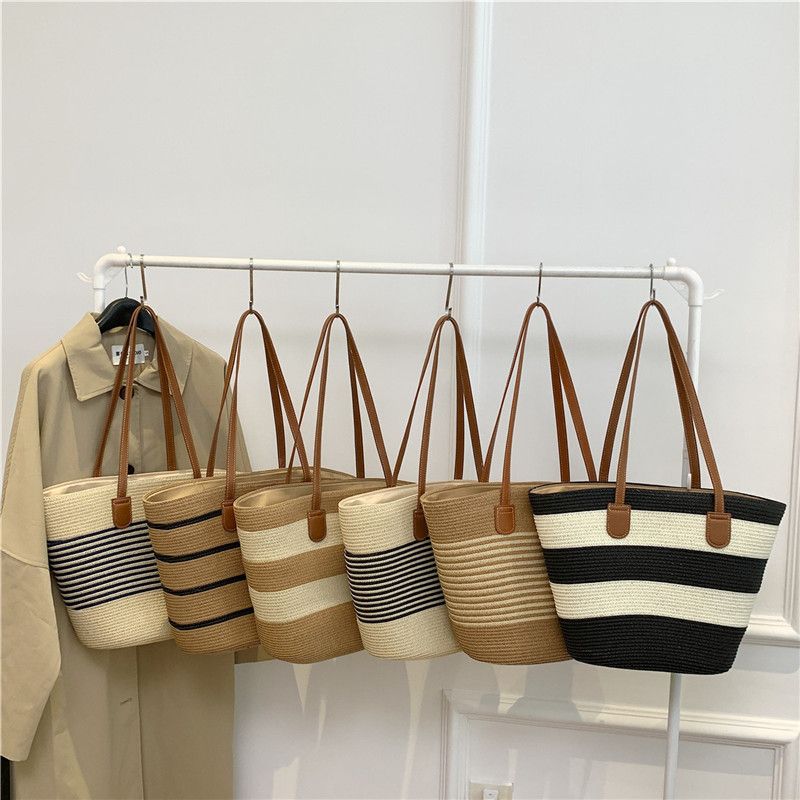 Borsa a mano estiva da donna, borsa da spiaggia, grande capacità, borsa a secchiello in paglia di rattan intrecciata, alla moda_voghion.com