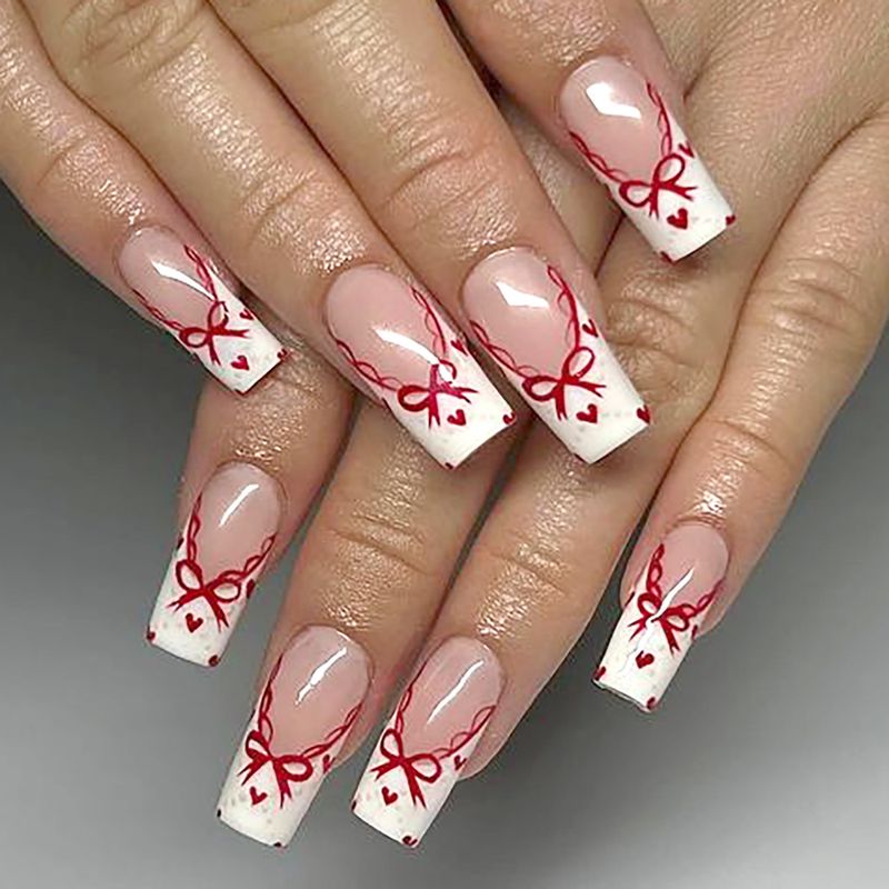 Eleganti unghie finte con fiocco alla francese – Unghie finte dolci e alla moda per le donne, unghie finte riutilizzabili con opzioni colla/gel_voghion.com