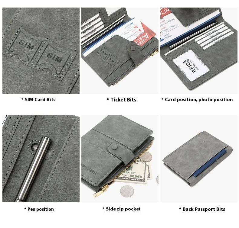 Uusi varkaudenestoharja RFID-passin pidike vetoketjullisella soljella, passin suojus, asiakirjapidike, monitoiminen matkapassilaukku_voghion.com