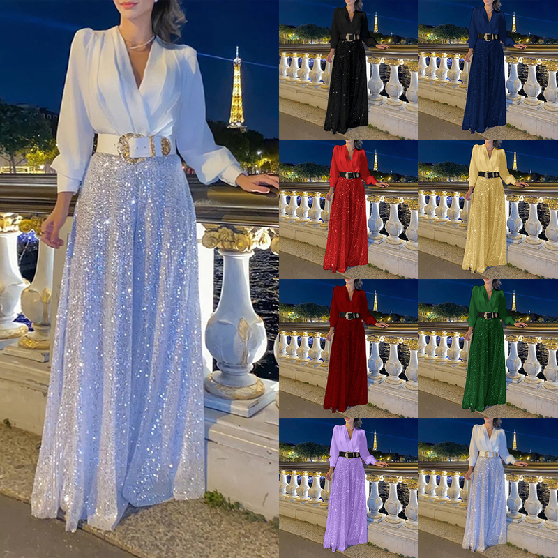 Camicia a maniche lunghe con scollo a V alla moda da donna, pantaloni a gamba larga con paillettes dimagranti in vita elegante_voghion.com