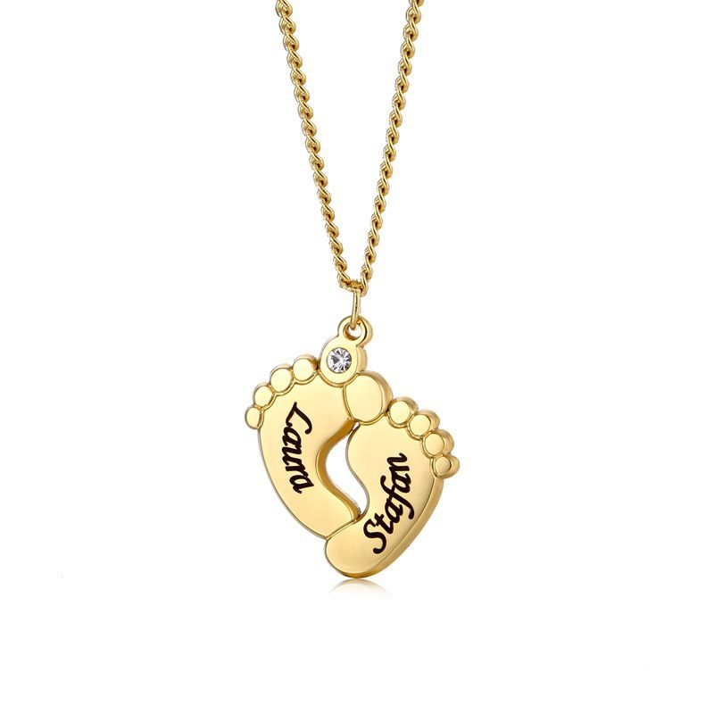Collana con ciondolo e nome del bambino inciso al laser in acciaio inossidabile, gioielli personalizzati con diamanti per il piede_voghion.com